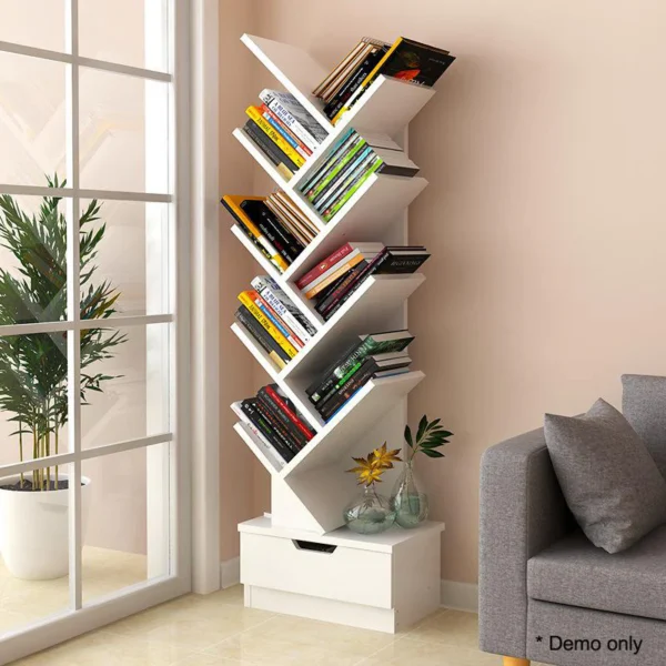 10-Tier Tree Bookcase in white, featuring 10 open shelves and a removable drawer for storage.