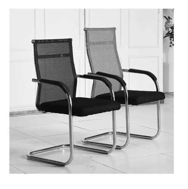 Black mesh fabric visitor chair with fixed frame and ergonomic design.