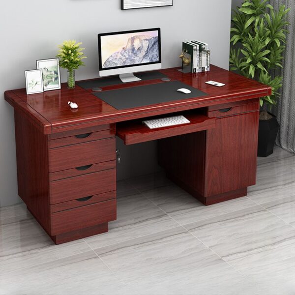 Small Mahogany Executive Office Desk with walnut veneer finish, 3-drawer pedestal, leatherette writing pad, and cable management ports.