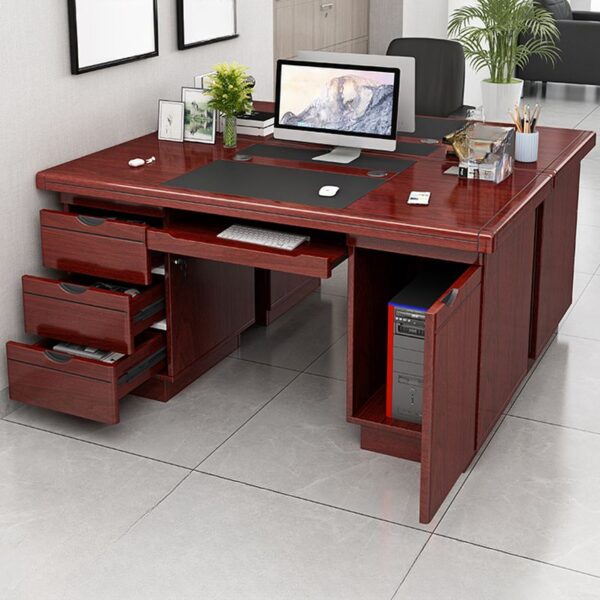 Small Mahogany Executive Office Desk with walnut veneer finish, 3-drawer pedestal, leatherette writing pad, and cable management ports.