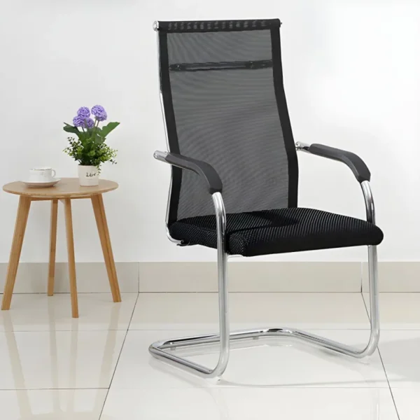 Black mesh fabric visitor chair with fixed frame and ergonomic design.