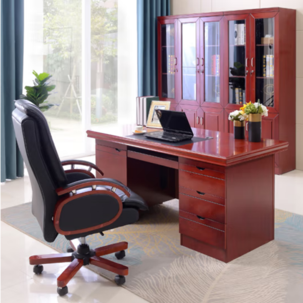 Small Mahogany Executive Office Desk with walnut veneer finish, 3-drawer pedestal, leatherette writing pad, and cable management ports.