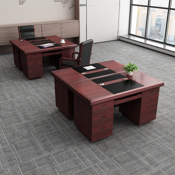 Small Mahogany Executive Office Desk with walnut veneer finish, 3-drawer pedestal, leatherette writing pad, and cable management ports.