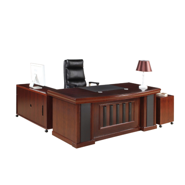 2 Meters Mahogany Office Table with desk return, mobile pedestal, and faux leather writing pad, perfect for executive offices.