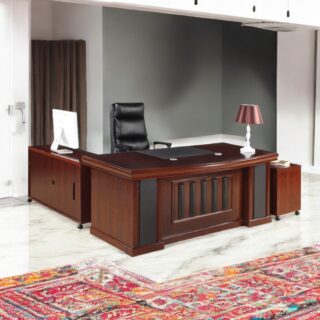 2 Meters Mahogany Office Table with desk return, mobile pedestal, and faux leather writing pad, perfect for executive offices.