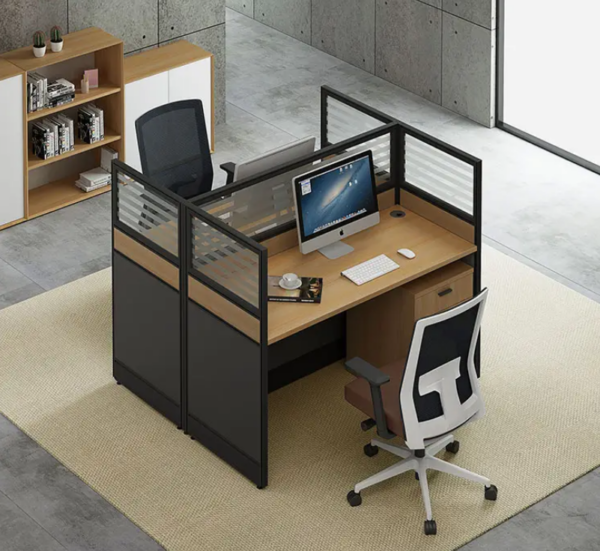 Two-Way Computer Workstation with glass partition, grommets, and a mobile pedestal for a modern office setup.