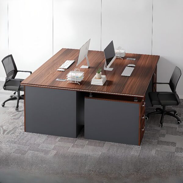 2-Person Modern Working Station with wood-grain finish, privacy divider, and lockable storage drawers for organized office spaces.