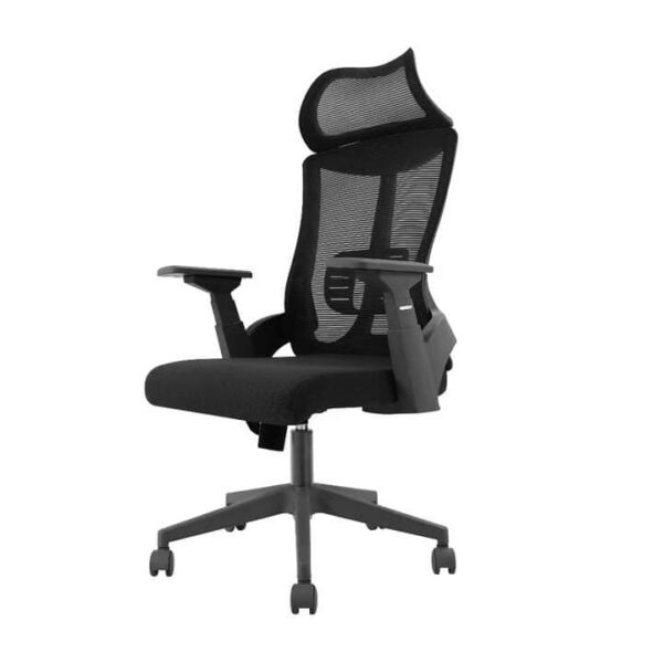 High Back Black Mesh Office Chair with adjustable headrest and lumbar support in a modern office setting.