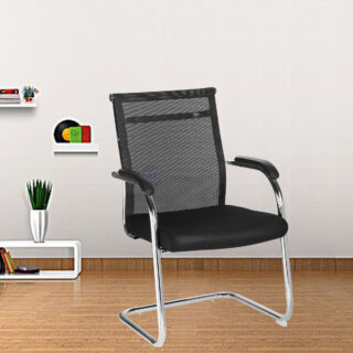 Black mesh fabric visitor chair with fixed frame and ergonomic design.