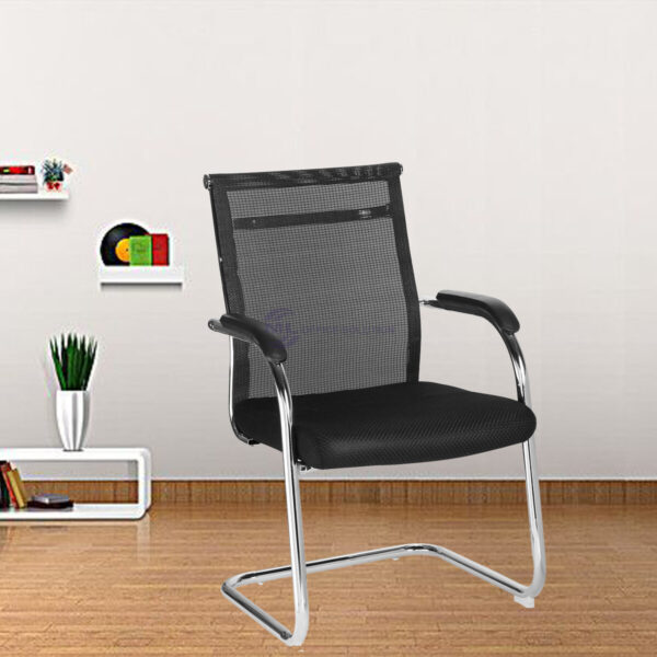 Black mesh fabric visitor chair with fixed frame and ergonomic design.