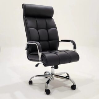 Black leather swivel office chair with chrome base and armrests, ideal for office and home use.