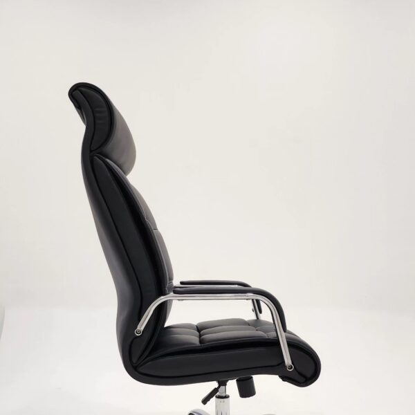 Black leather swivel office chair with chrome base and armrests, ideal for office and home use.