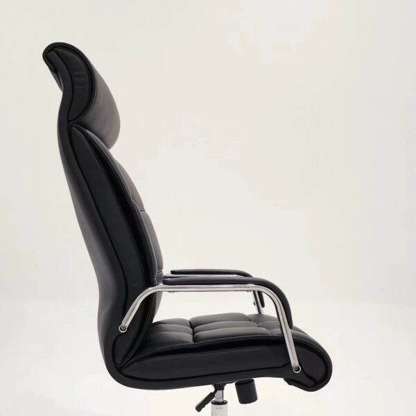 Black leather swivel office chair with chrome base and armrests, ideal for office and home use.