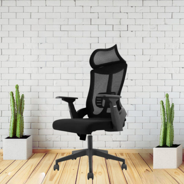 High Back Black Mesh Office Chair with adjustable headrest and lumbar support in a modern office setting.