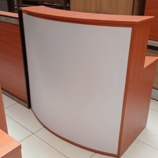 1.6M curved modern reception desk with a strong metal frame and cherry finish, perfect for professional lobbies and offices.