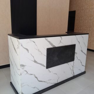 reception desk, office reception furniture, black and white reception desk, dual operator desk, modern reception counter, MFC reception desk, marble finish desk, office furniture, professional desk, front office desk