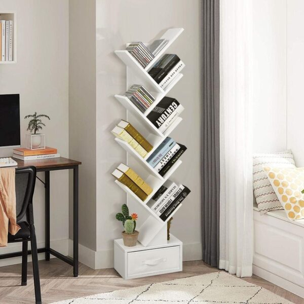 10-Tier Tree Bookcase in white, featuring 10 open shelves and a removable drawer for storage.