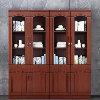 4-Door Wooden Office Storage Cabinet with glass doors, adjustable shelves, and lockable drawers, ideal for modern office organization.