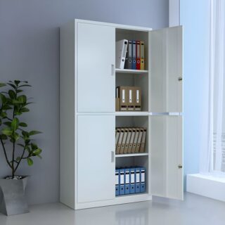 Modern 4-Door Office Filing Cabinet in white, featuring adjustable shelves and lockable doors for secure and organized document storage.