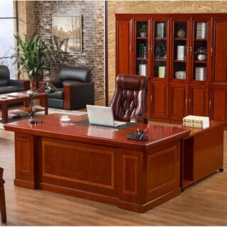 Luxury 1800mm executive office desk with pedestal, side return unit on castors, and cable management ports.