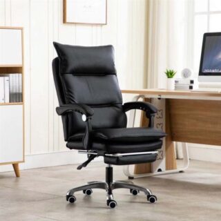 Reclining Executive Chair with Footrest in a modern office setup, featuring black faux leather upholstery and chrome base.