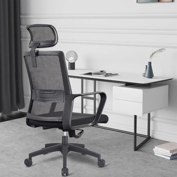 Captain Mesh High Back Office Chair with ergonomic S-curve backrest, adjustable headrest, and breathable mesh back for enhanced airflow. Ideal for office and home settings.