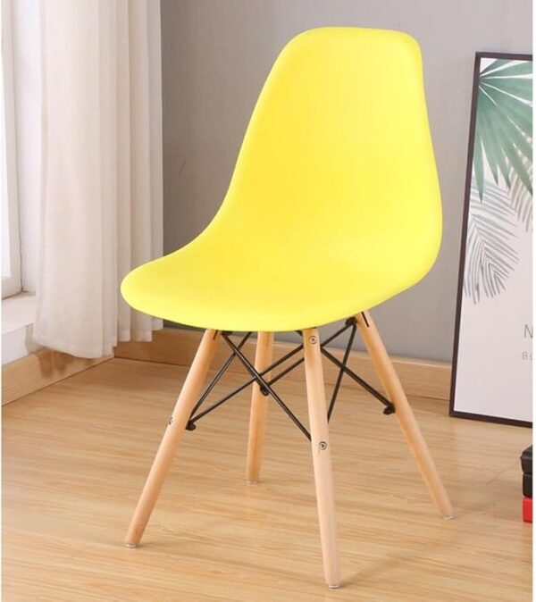 Colorful Plastic Eames Style Chairs with wooden legs in green, pink, blue, orange, and black, perfect for dining or office use.