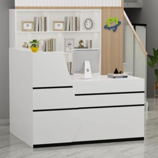 1.6M Front Office Desk with L-shaped layout, ample storage, and sleek white finish, perfect for offices, retail stores, and boutique lobbies.