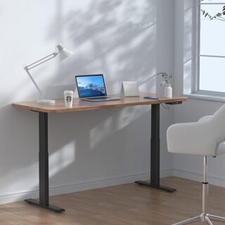 1.2m Adjustable Height Electric Desk with a wooden tabletop and black metal frame, featuring grommet control buttons for easy height adjustments.