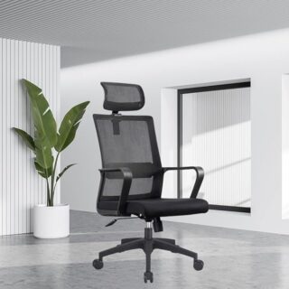 Captain Mesh High Back Office Chair with ergonomic S-curve backrest, adjustable headrest, and breathable mesh back for enhanced airflow. Ideal for office and home settings.