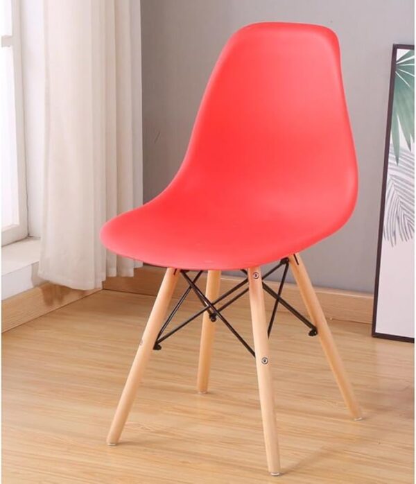 Colorful Plastic Eames Style Chairs with wooden legs in green, pink, blue, orange, and black, perfect for dining or office use.