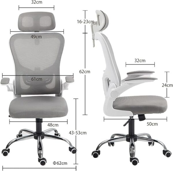 Ergonomic High Back Mesh Office Chair with adjustable headrest, flip-up padded armrests, and rolling base in grey.