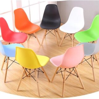 Colorful Plastic Eames Style Chairs with wooden legs in green, pink, blue, orange, and black, perfect for dining or office use.