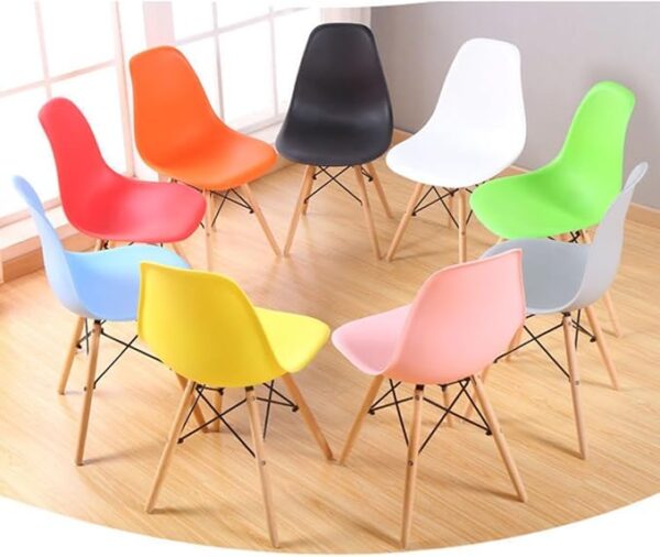 Colorful Plastic Eames Style Chairs with wooden legs in green, pink, blue, orange, and black, perfect for dining or office use.