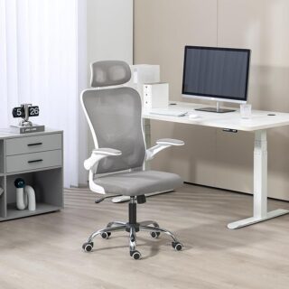 Ergonomic High Back Mesh Office Chair with adjustable headrest, flip-up padded armrests, and rolling base in grey.