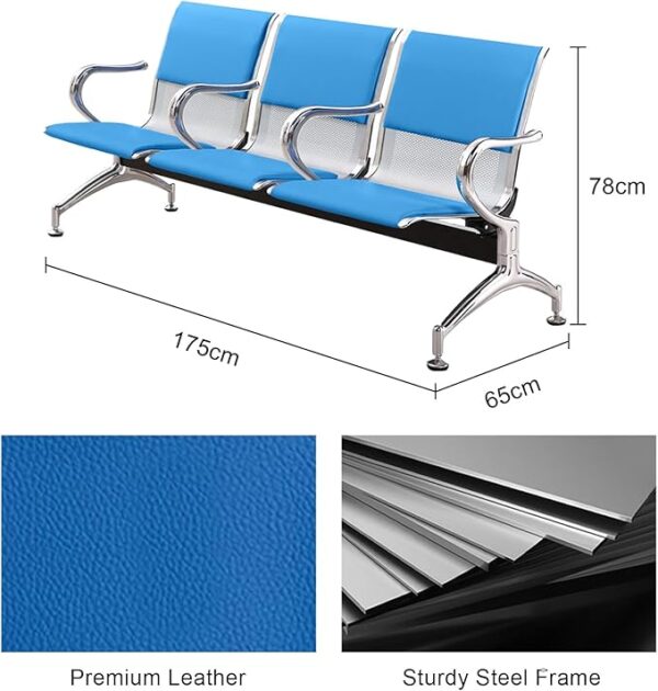 3-Seat PU Leather Steel Waiting Bench with ergonomic high-back design and sturdy metal frame.