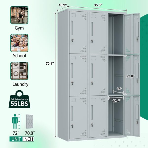 9-Lockers Office Cabinet made of durable steel with ventilated doors, ideal for secure storage in offices, gyms, and schools.