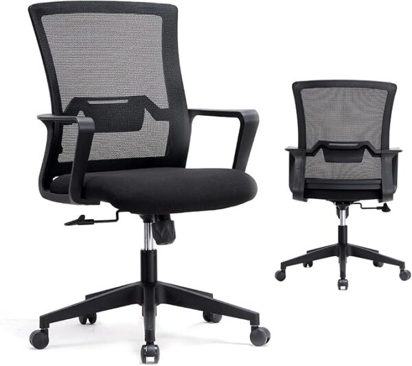 Adjustable Mesh Office Chair with a breathable backrest, lumbar support, and padded seat in a modern office setting.