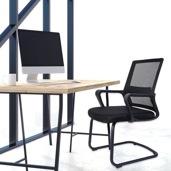 Ergonomic office visitor chair with a black mesh backrest, padded cushion seat, and sled base, ideal for modern offices and homes.