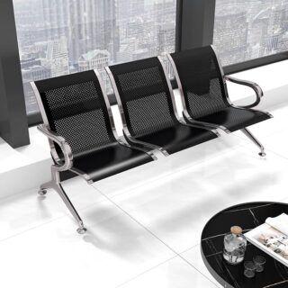 3-Link Executive Office Bench with a polished stainless steel frame and ergonomic contoured seats, perfect for reception and office spaces.