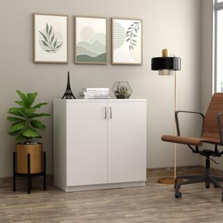 2-Tier Executive Storage Cabinet with open and closed storage spaces in a professional office setting.