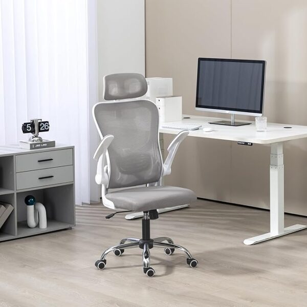 Ergonomic High Back Mesh Office Chair with adjustable headrest, flip-up padded armrests, and rolling base in grey.