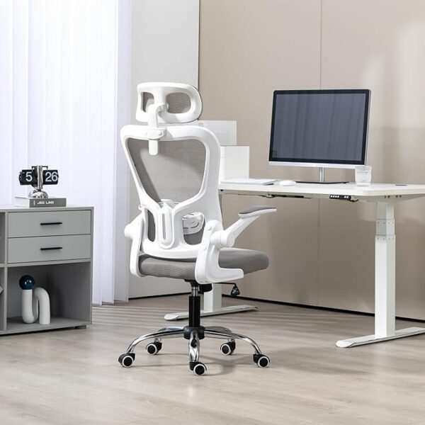 Ergonomic High Back Mesh Office Chair with adjustable headrest, flip-up padded armrests, and rolling base in grey.