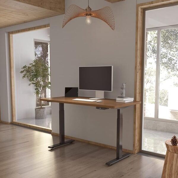 1.2m Adjustable Height Electric Desk with a wooden tabletop and black metal frame, featuring grommet control buttons for easy height adjustments.