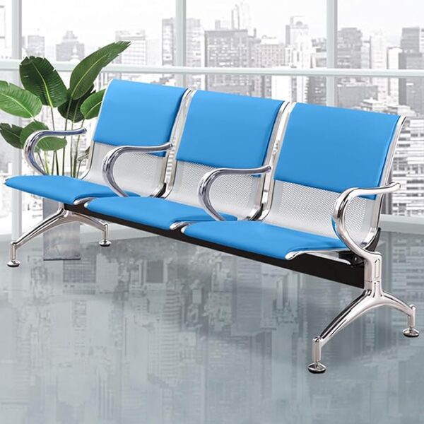 3-Seat PU Leather Steel Waiting Bench with ergonomic high-back design and sturdy metal frame.