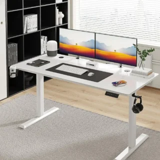 Ergonomic Height Adjustable Electric Table with T-shaped metal bracket, spacious surface, and sleek modern design.