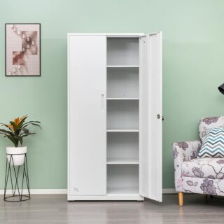 White metal storage cabinet with adjustable shelves and locking doors in a modern office setting.