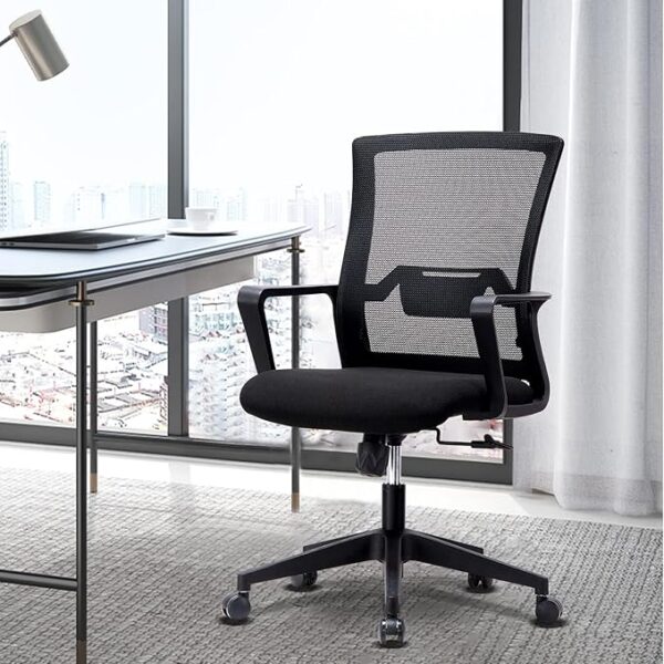 Adjustable Mesh Office Chair with a breathable backrest, lumbar support, and padded seat in a modern office setting.