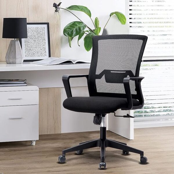 Adjustable Mesh Office Chair with a breathable backrest, lumbar support, and padded seat in a modern office setting.