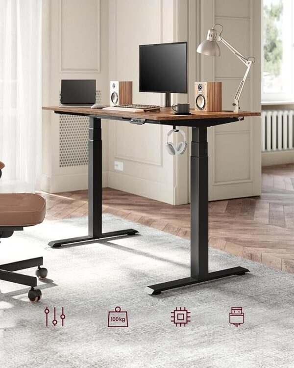 1.2m Adjustable Height Electric Desk with a wooden tabletop and black metal frame, featuring grommet control buttons for easy height adjustments.